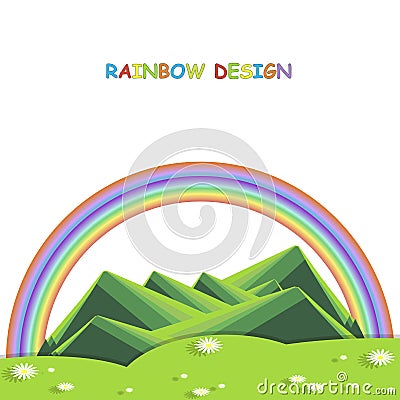 Background with mountain landscape below on white. Green hills, valley with white daisies, rainbow Vector Illustration