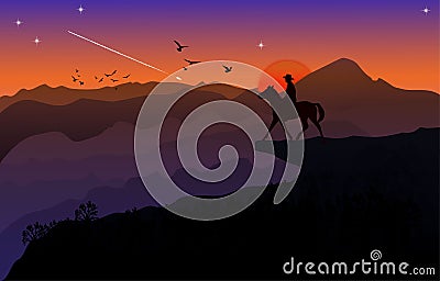 Graphics image the man ride horse on mountain silhouette twilight is a sunset with mountain background Vector Illustration