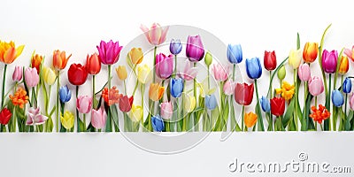 Background of multicolored tulips of various shapes on a white background Stock Photo