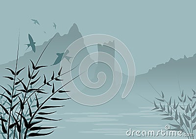 Background with natural landscape with mountains in fog and in the foreground, silhouettes, branches of plants and swallows birds. Stock Photo