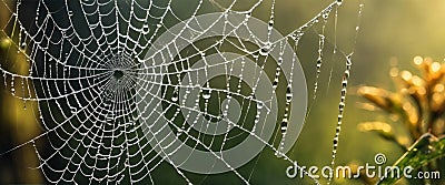 The spider web with dew drops. Abstract background.created with the help of artificial intelligence. Stock Photo
