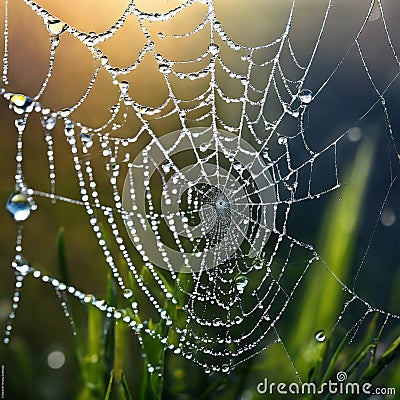 The spider web with dew drops. Abstract background.created with the help of artificial intelligence. Stock Photo