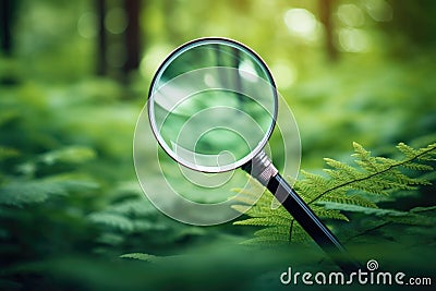 Nature magnifying concept closeup lens summer research magnification search loupe green glass Stock Photo