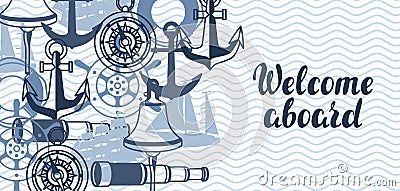 Background with nautical symbols and items. Vector Illustration