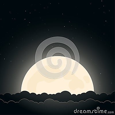 Background of night sky with moon, stars and clouds Vector Illustration