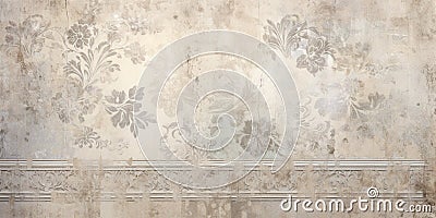 background,old worn wall with floristic ornate elements,beige-gray tinting,place for dough,banner concept and textures Stock Photo