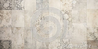 background,old worn wall,patchwork tiles with floral ornate elements,beige-gray tinting,place for dough,banner concept and Stock Photo