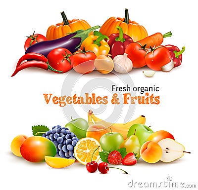 Background With Organic Fresh Vegetables. and Fruits Vector Illustration