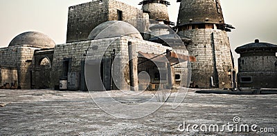 Background of an outer rim desert science fiction outpost with buildings and structures Stock Photo