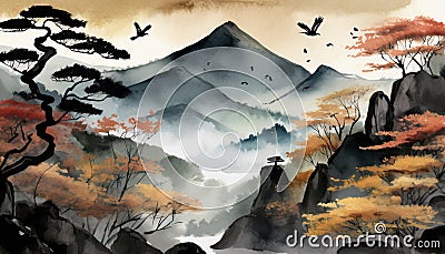 background painted with watercolors of Japanese nature Stock Photo