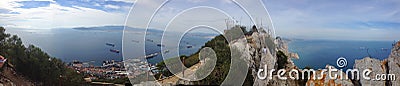 Background panoramic views of the Rock of Gibraltar, Strait, reserve Alameda and abandoned military batteries Stock Photo