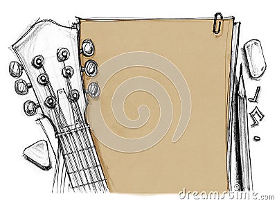 Background paper with guitar and pick Stock Photo