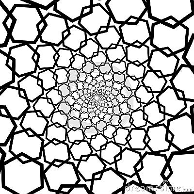 Background, pattern, black and white spiral pattern. Round centered Halftone illustration. Hexagon, honeycomb, honey, center Cartoon Illustration