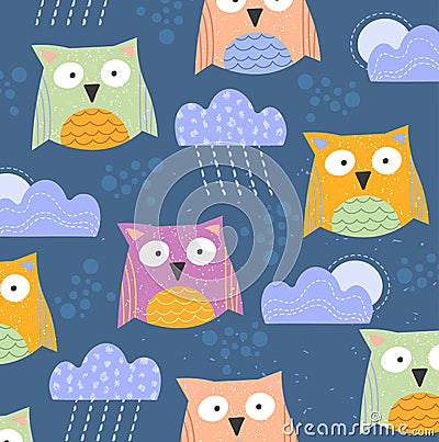 Background pattern of cute little owls with clouds and rain and a peeping moon over a blue background in square format Vector Illustration