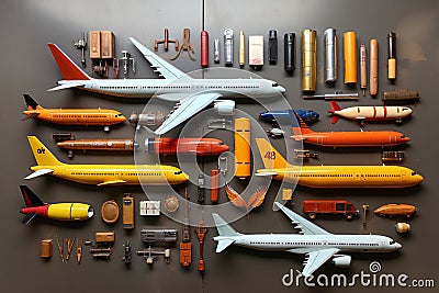 Background pattern, model of a plane surrounded by assorted tools Stock Photo