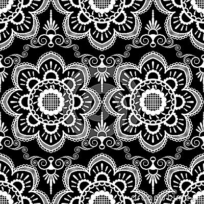 Background pattern with white mehndi seamless lace decoration items on black background. Vector Illustration