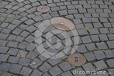 Background of pavement stones in Prague Stock Photo