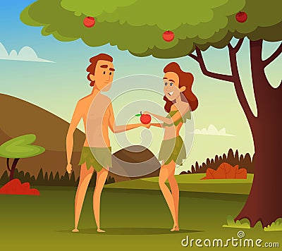 Background picture of Biblical story. Temptation Of Adam. Illustration of first man and woman Vector Illustration