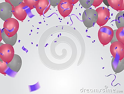 Background with Pink balloons and confetti. Vector paper confetti and ribbons. Vector illustration Party helium balloons Vector Illustration