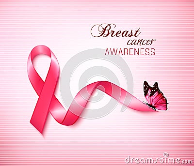 Background with Pink Breast Cancer Ribbon and butterfly. Stock Photo