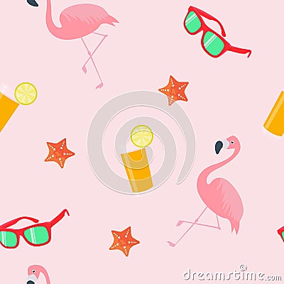 Background with Pink Flamingos, Orange Juice Glass, Sunglasses and Starfish Vector Illustration