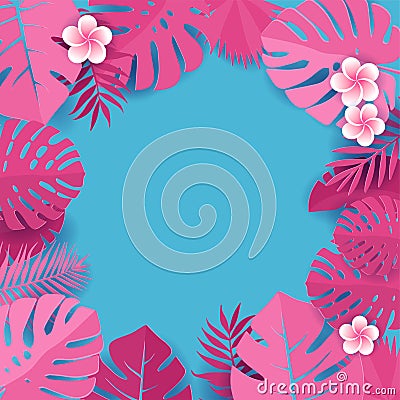 Background of pink palm leaves in blue backdrop. Frame of tropical monstera leaves with frangipani flowers. Tropical greeting card Cartoon Illustration