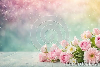 Flowers with pastel colors, shades of pink, for Mother's Day, Valentine's Day and spring. Space for text Stock Photo