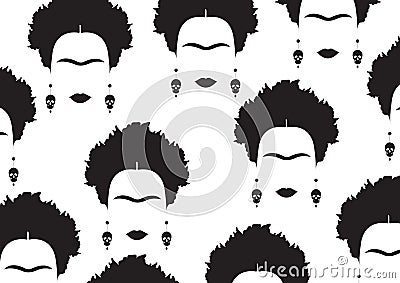 Background portrait of Mexican or Spanish woman, minimalist Frida Kahlo with earrings skulls, Vector Illustration
