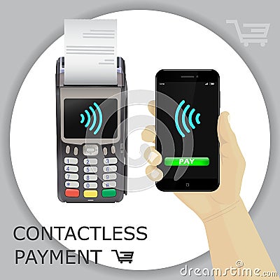 Background with POS terminal, hand and smartphone. Wireless wifi Vector Illustration