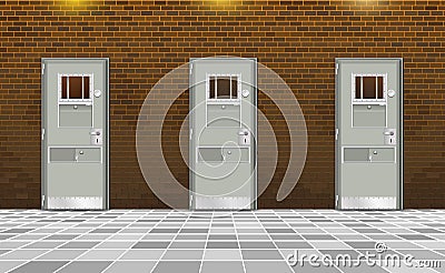 Background prison, trend penal colony interior. Jail cells modern with gray doors. Behind brick wall, bars In jail, dark. Vector Vector Illustration