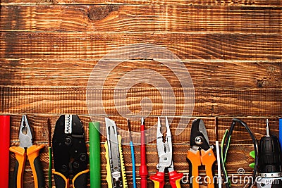 Background of professional electrician tools with space for text Stock Photo