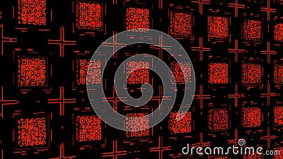Background with Qr Code. Animation. Electronic background with multiple Qr codes on black background. Panel in Stock Photo