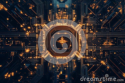 Background of a quantum computing system with processor and electronic circuit. Stock Photo