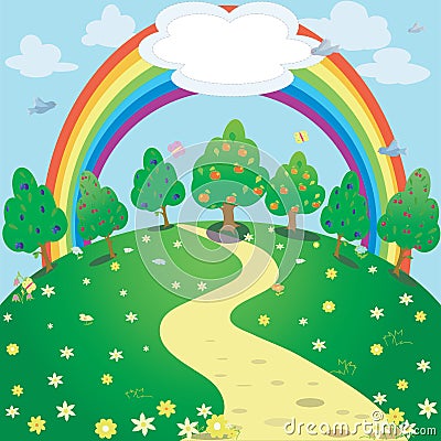 Background of rainbow and garden . Vector fantasy illustration Cartoon Illustration