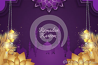 Background Ramadan Kareem Islamic purple and gold luxury with mandala and mosque Vector Illustration