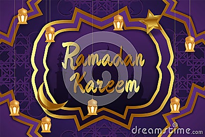 Background Ramadan Kareem stylish Islamic purple and gold color with lamp Vector Illustration