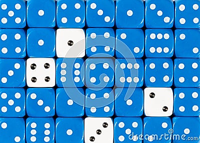 Background of random ordered blue dices with four white cubes Stock Photo
