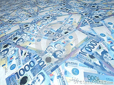 A background of randomly scattered 1000 Philippine peso bills. Philippine currency. Paper money or banknotes of the Philippines Stock Photo