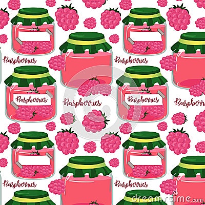 Background raspberry jam, jars, jam, seaming . Used in textile illustration, kitchen illustration, gift wrapping Vector Illustration