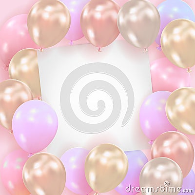 Background from realistic glossy balls with a blank sheet of paper. Template for celebration of happy birthday, Valentines Day Vector Illustration