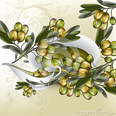 Background with realistic vector olives and olive oil on white Stock Photo