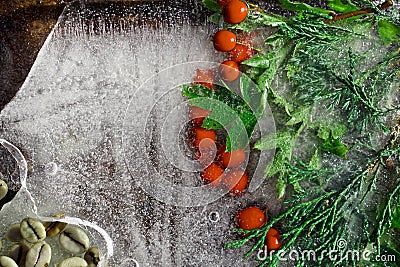 Background of red berry of hawthorn and twif of juniper frozen in ice Stock Photo