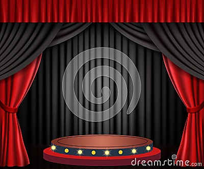 Background with red black theatre curtain and podium Cartoon Illustration