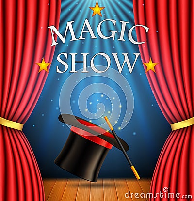 Background with a red curtain and a spotlight with Realistic magic hat with magic wand for magic show . Vector Illustration