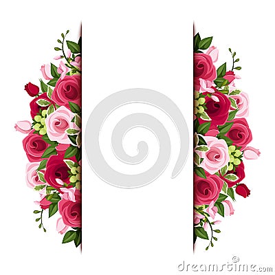 Background with red and pink roses and freesia flo Vector Illustration