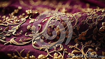 background of red raw canvas fabric with golden embroidered arabesques folded into sinuous curves Stock Photo