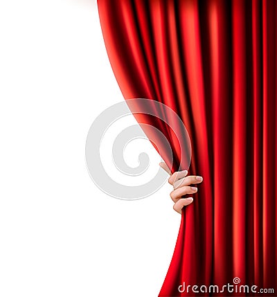 Background with red velvet curtain and hand. Vector Illustration