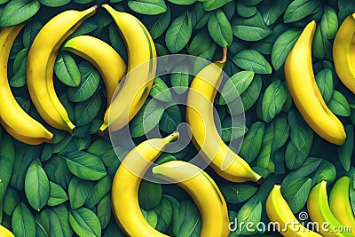 Background of a group of ripe bananas on a bed of green leaves Stock Photo