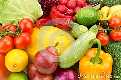 background of ripe fruit and vegetables Stock Photo