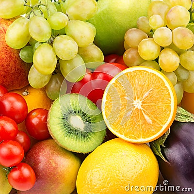 background of ripe fruit and vegetables Stock Photo